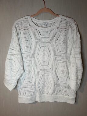 J. Jill White Open-Knit Geometric 3/4 Sleeve Sweater Medium